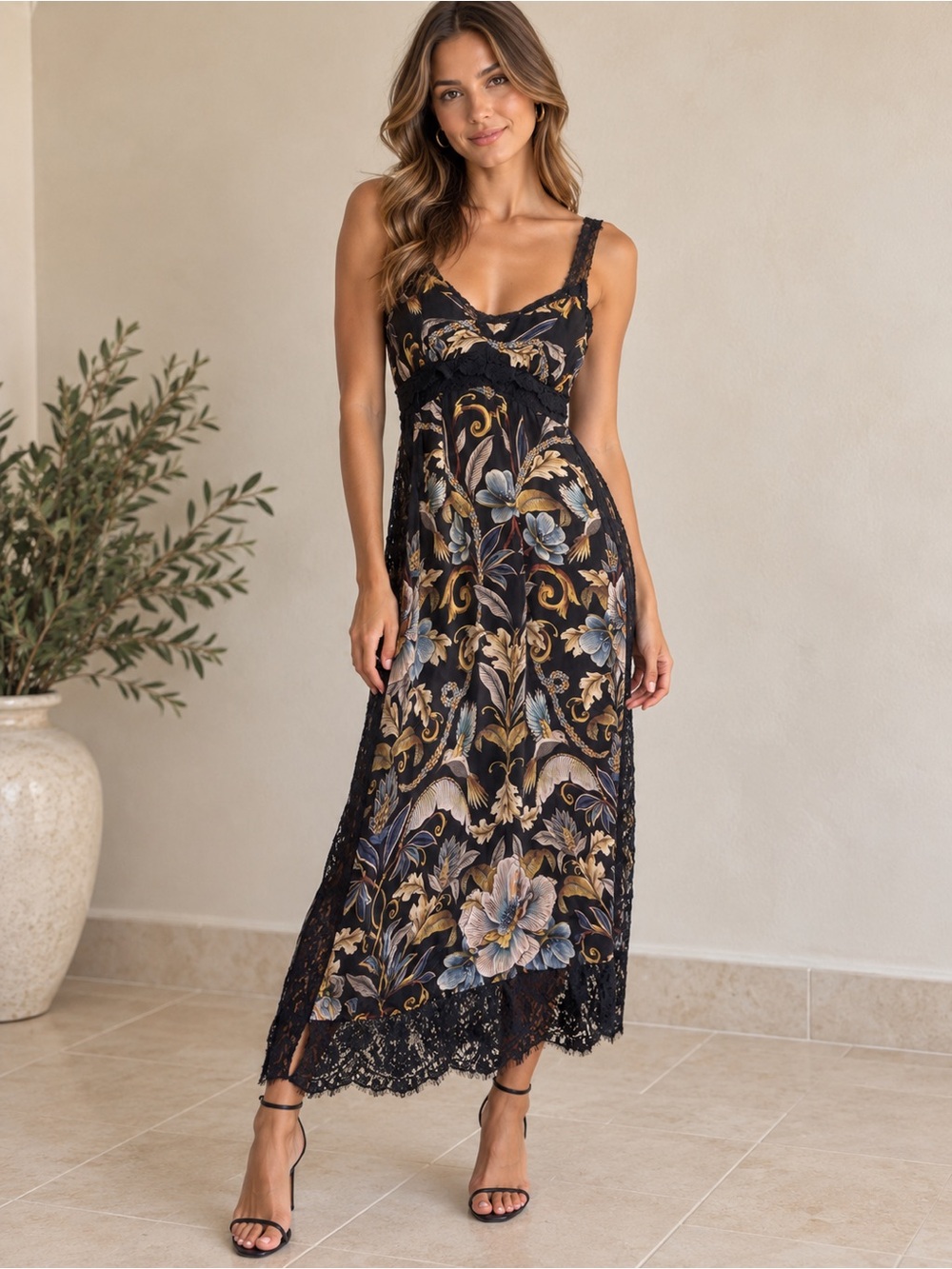 FARM Rio Black Maxi Dress with Gold and Blue Floral Print